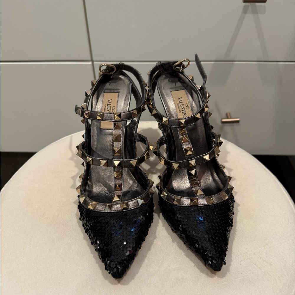 Valentino Black and Silver Studded Heels